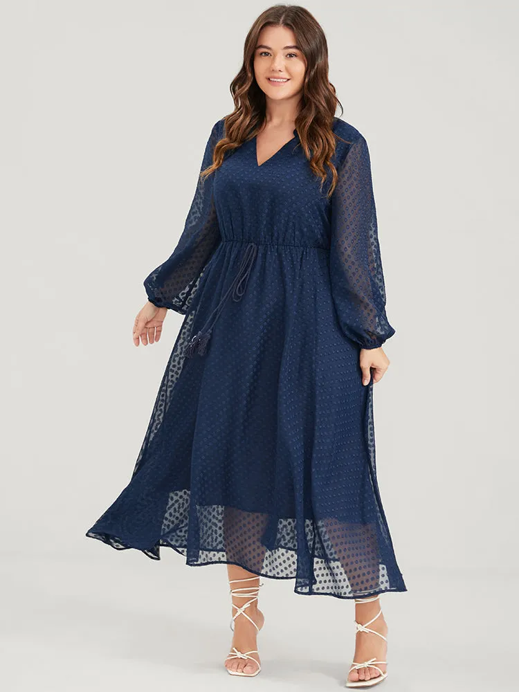 Solid Geometric Mesh V Neck Lantern Sleeve Tie Dress sold by Bloomchic product image thumbnail 4