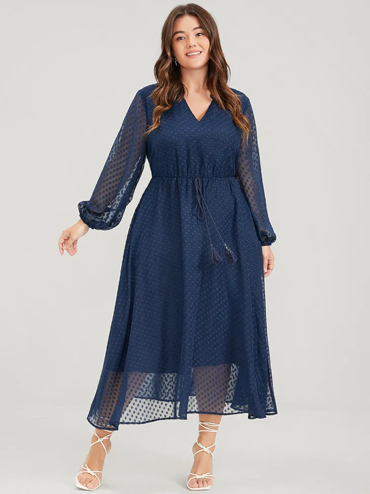 Solid Geometric Mesh V Neck Lantern Sleeve Tie Dress sold by Bloomchic product image thumbnail 2