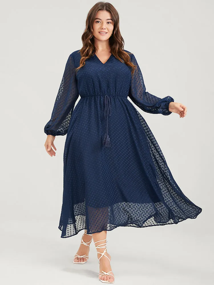 Solid Geometric Mesh V Neck Lantern Sleeve Tie Dress sold by Bloomchic