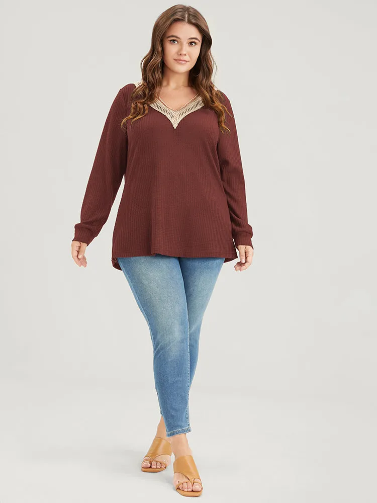 Solid Drop Shoulder Contrast Lace Waffle Knit Sweatshirt sold by Bloomchic product image thumbnail 2