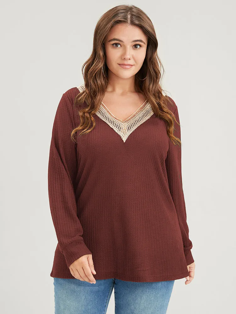 Solid Drop Shoulder Contrast Lace Waffle Knit Sweatshirt sold by Bloomchic product image thumbnail 3