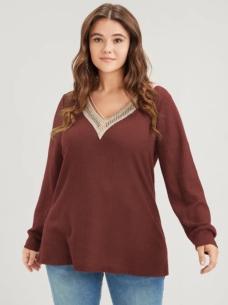 Solid Drop Shoulder Contrast Lace Waffle Knit Sweatshirt sold by Bloomchic
