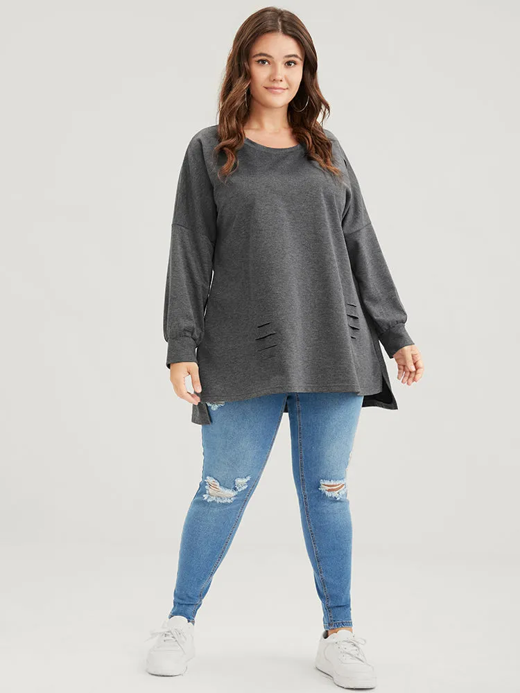 Solid Asymmetrical Hem Distressed Drop Shoulder Sweatshirt sold by Bloomchic product image thumbnail 2