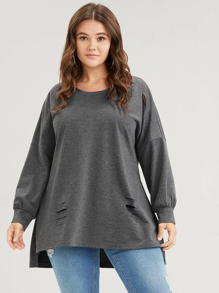 Solid Asymmetrical Hem Distressed Drop Shoulder Sweatshirt sold by Bloomchic product image thumbnail 4