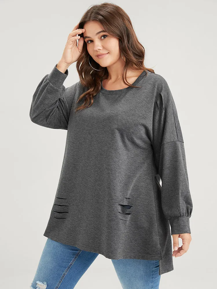 Solid Asymmetrical Hem Distressed Drop Shoulder Sweatshirt sold by Bloomchic