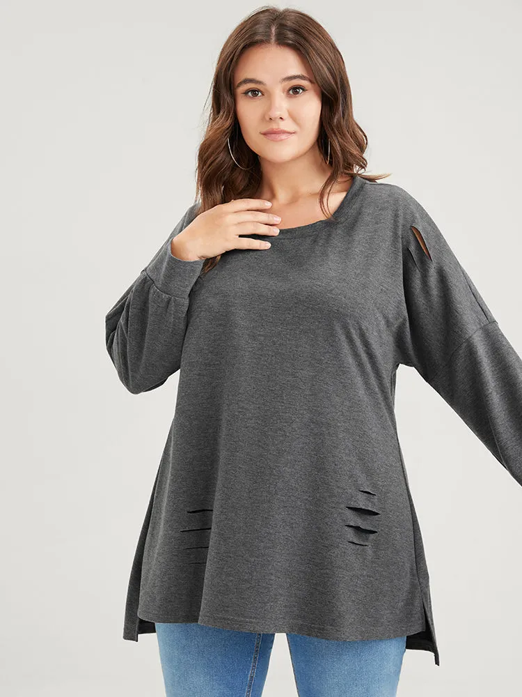 Solid Asymmetrical Hem Distressed Drop Shoulder Sweatshirt sold by Bloomchic product image thumbnail 3