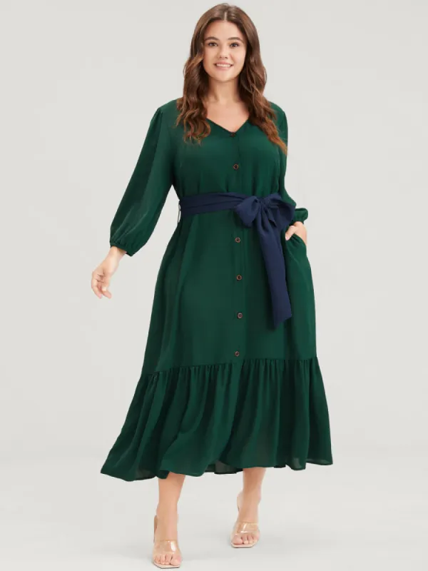 Solid Lantern Sleeve Pocket Button Flutter Hem Contrast Belted Dress sold by Bloomchic