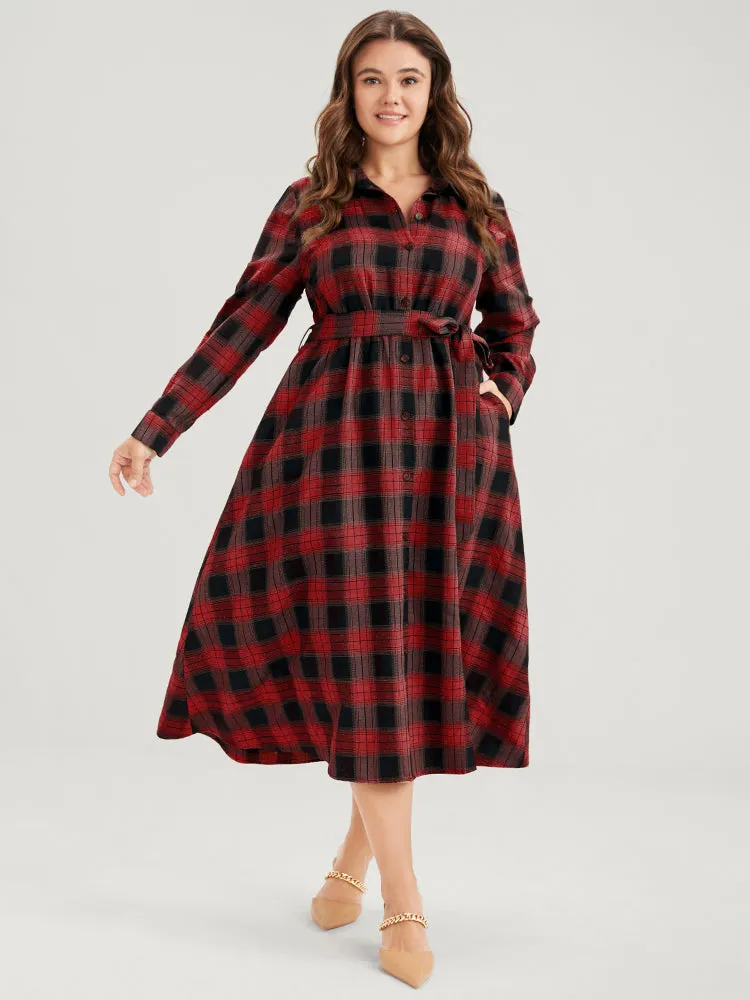 Tartan Button Front Pocket Shirt Collar Belted Dress sold by Bloomchic product image thumbnail 3