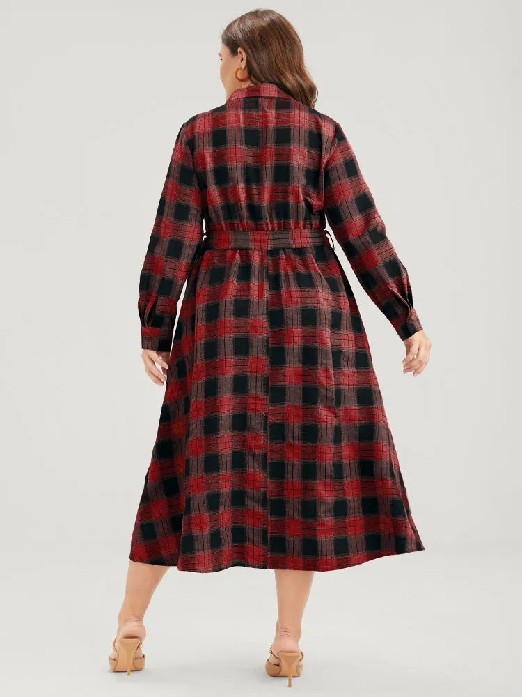 Tartan Button Front Pocket Shirt Collar Belted Dress sold by Bloomchic product image thumbnail 4