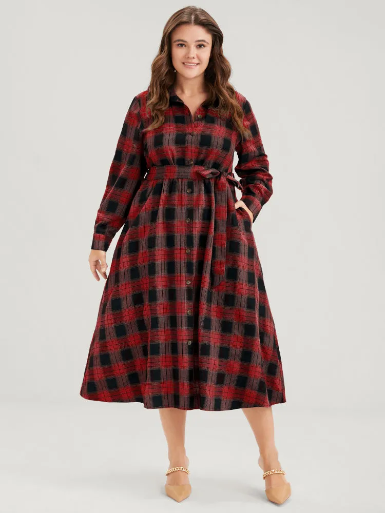 Tartan Button Front Pocket Shirt Collar Belted Dress sold by Bloomchic