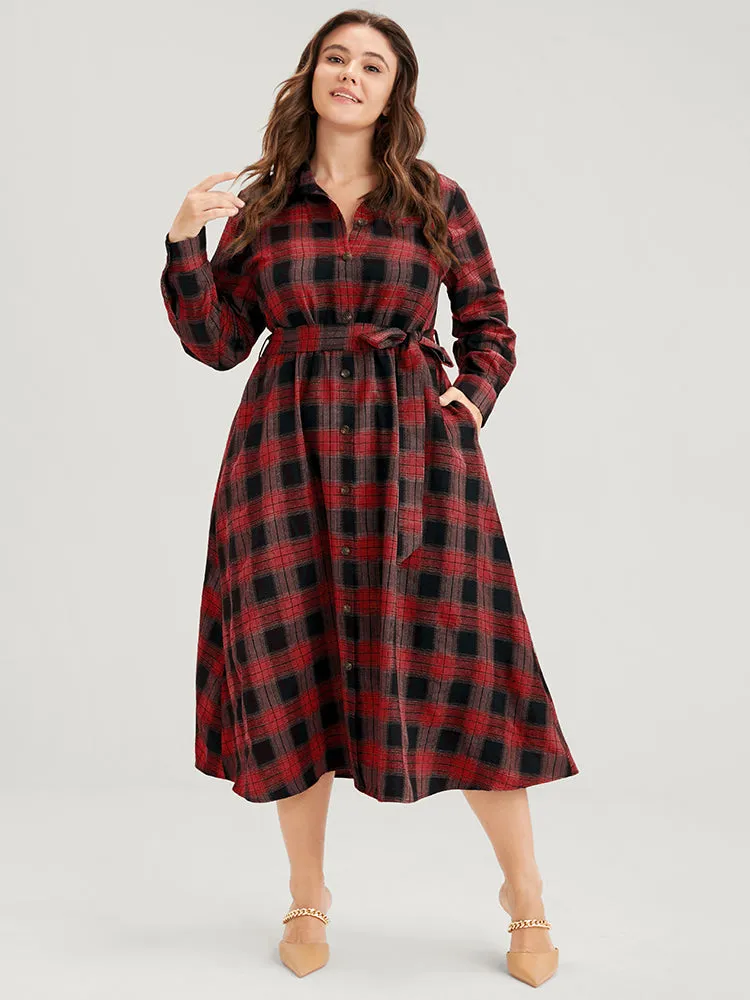 Tartan Button Front Pocket Shirt Collar Belted Dress sold by Bloomchic product image thumbnail 2