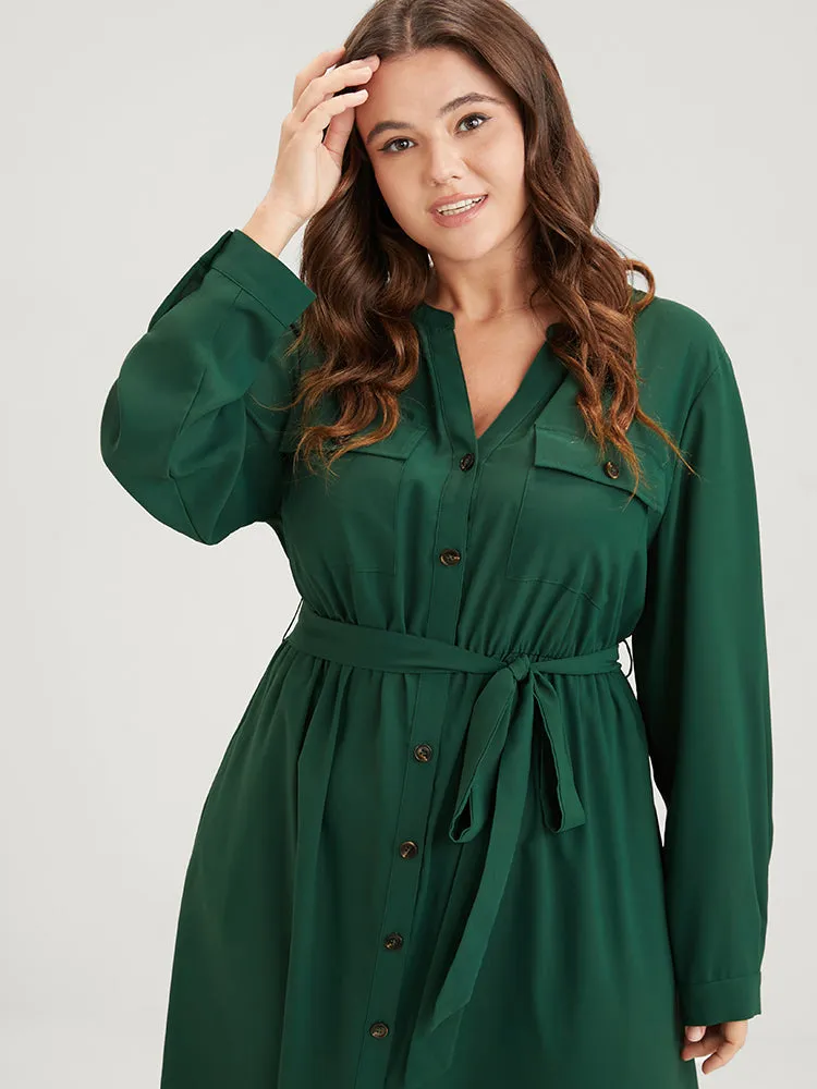 Solid V Neck Pocket Button Asymmetrical Flutter Hem Belted Dress sold by Bloomchic product image thumbnail 5