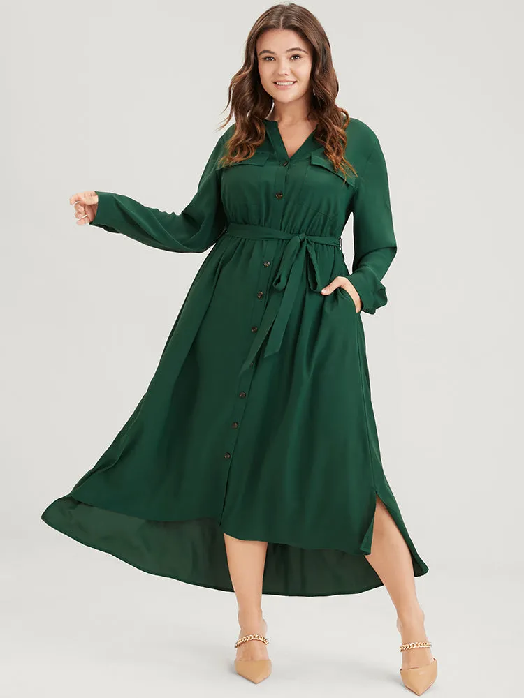 Solid V Neck Pocket Button Asymmetrical Flutter Hem Belted Dress sold by Bloomchic product image thumbnail 2