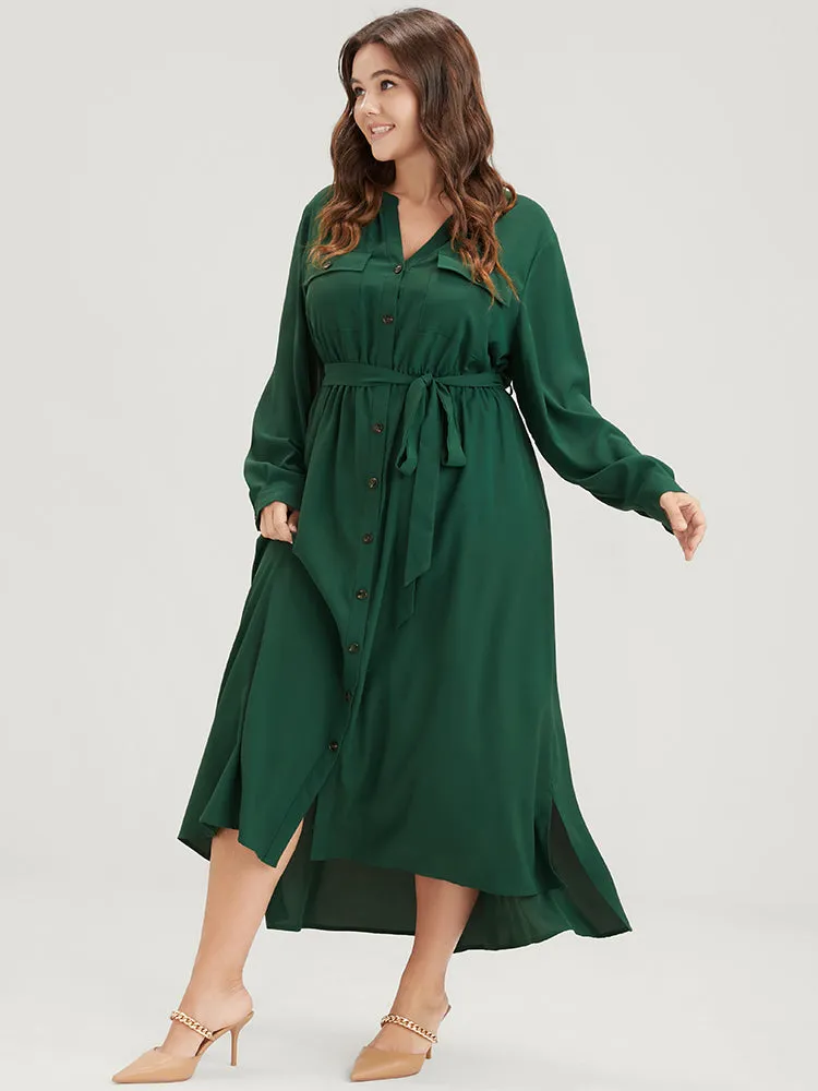 Solid V Neck Pocket Button Asymmetrical Flutter Hem Belted Dress sold by Bloomchic product image thumbnail 3