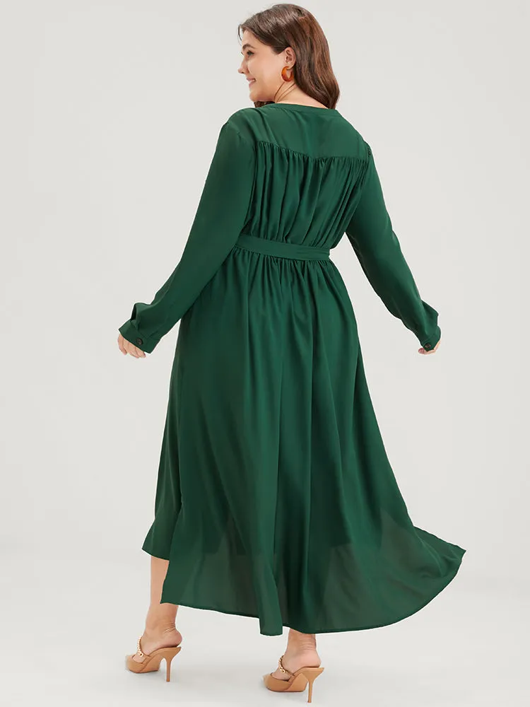 Solid V Neck Pocket Button Asymmetrical Flutter Hem Belted Dress sold by Bloomchic product image thumbnail 4