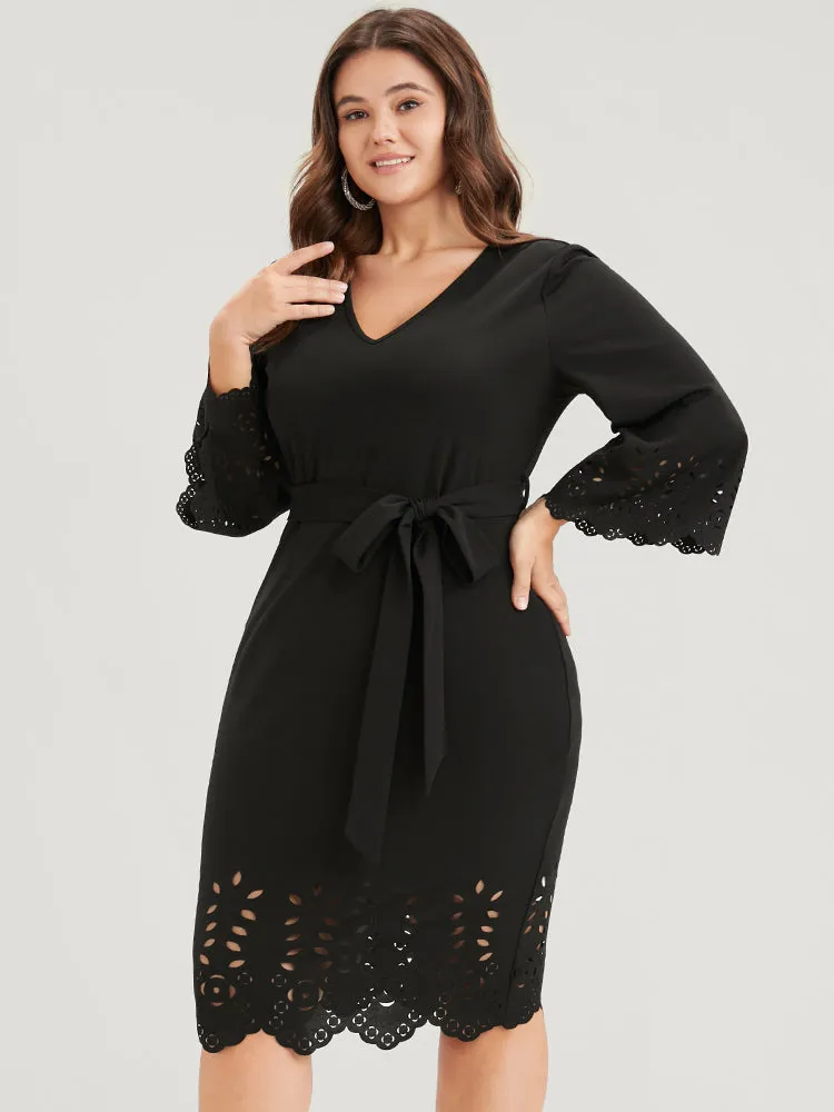 Solid Laser Cut Bell Sleeve Belted Knee Dress sold by Bloomchic product image thumbnail 4