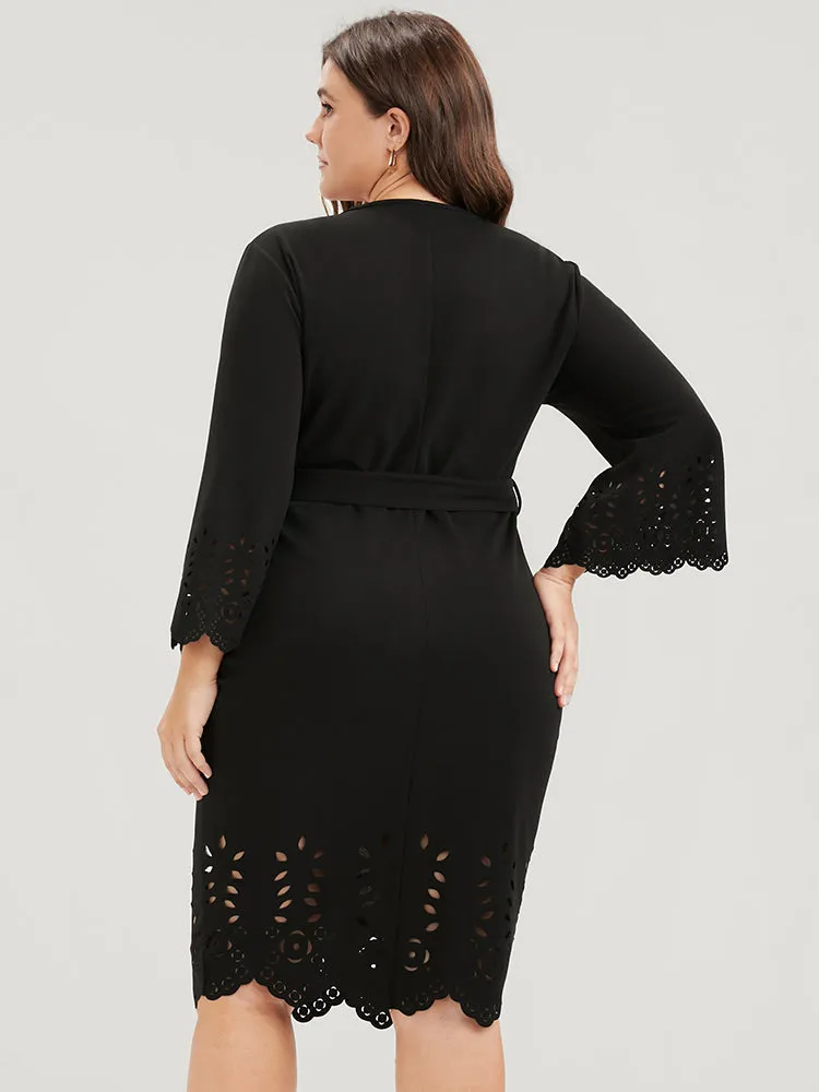 Solid Laser Cut Bell Sleeve Belted Knee Dress sold by Bloomchic product image thumbnail 3