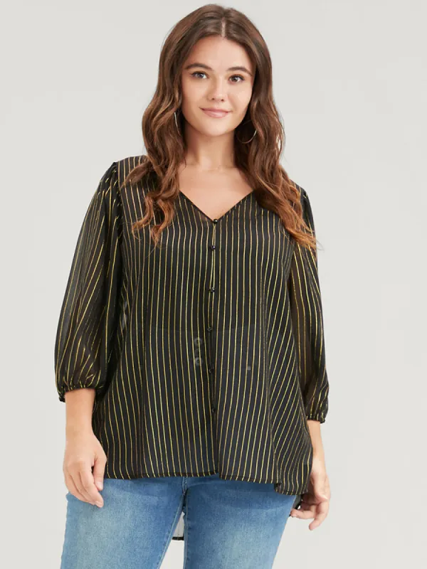 Striped Mesh Lantern Sleeve V Neck Blouse sold by Bloomchic