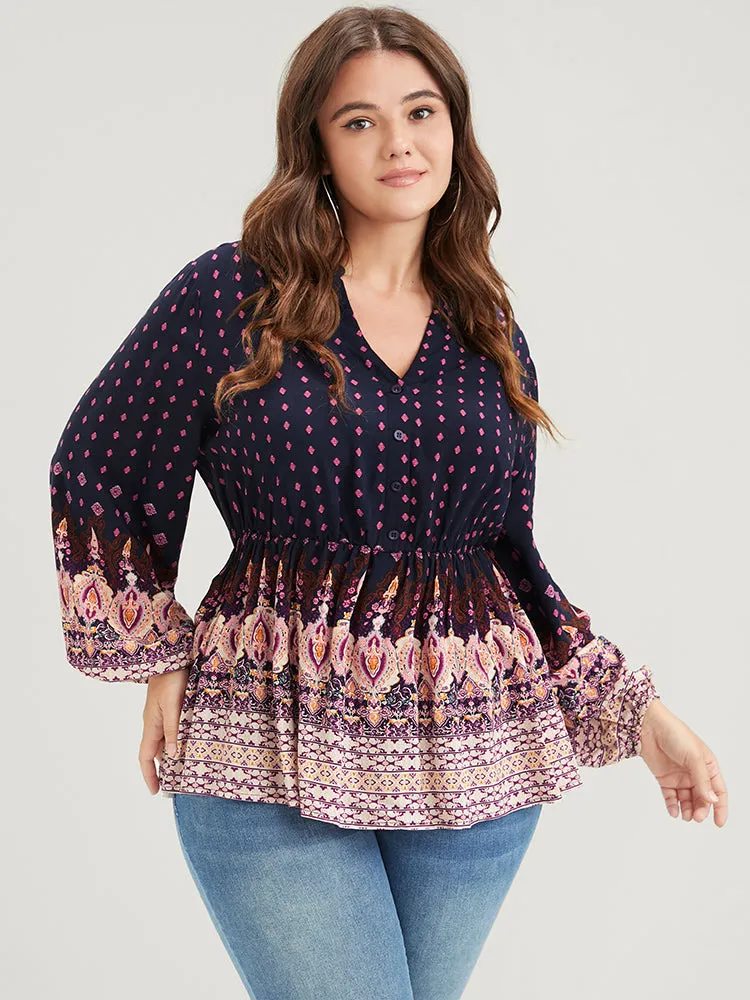 Floral Button Lantern Sleeve Elastic Waist Flutter Blouse sold by Bloomchic product image thumbnail 4