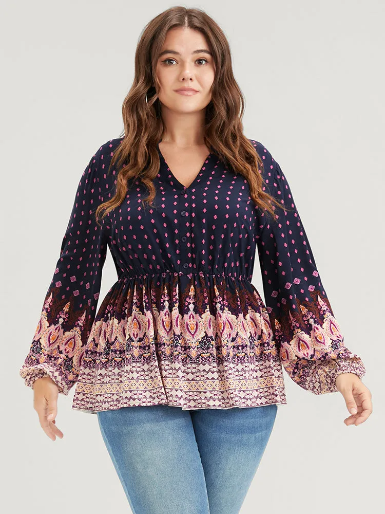 Floral Button Lantern Sleeve Elastic Waist Flutter Blouse sold by Bloomchic