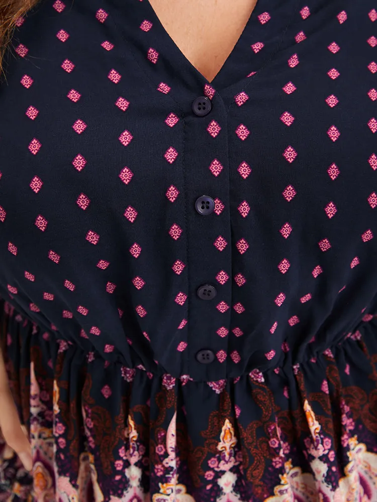 Floral Button Lantern Sleeve Elastic Waist Flutter Blouse sold by Bloomchic product image thumbnail 5