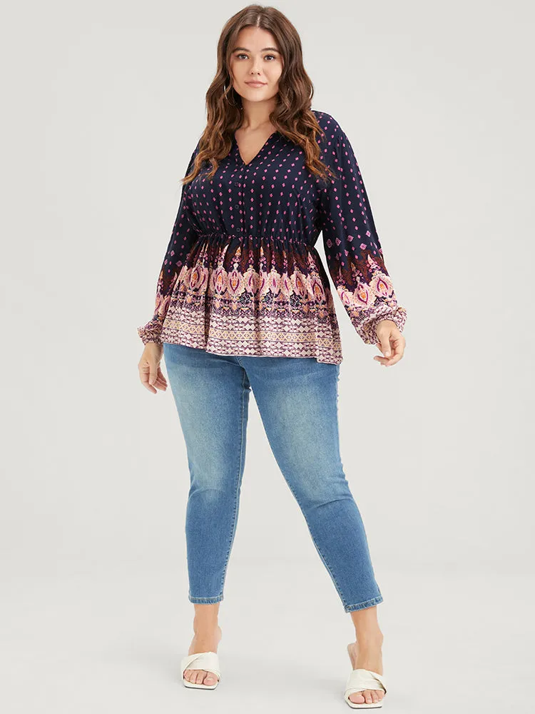 Floral Button Lantern Sleeve Elastic Waist Flutter Blouse sold by Bloomchic product image thumbnail 2