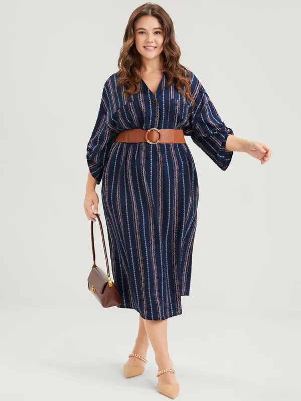 Asymmetrical Striped Patchwork Button Pocket Cuffed Sleeve Midi Dress sold by Bloomchic