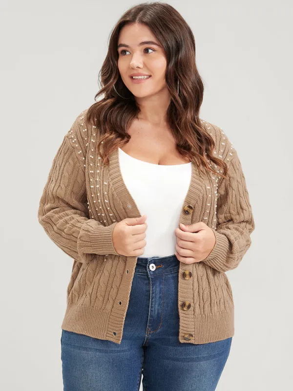 Solid Pointelle Knit Pearls Beaded Cable Knit Button Front Cardigan sold by Bloomchic