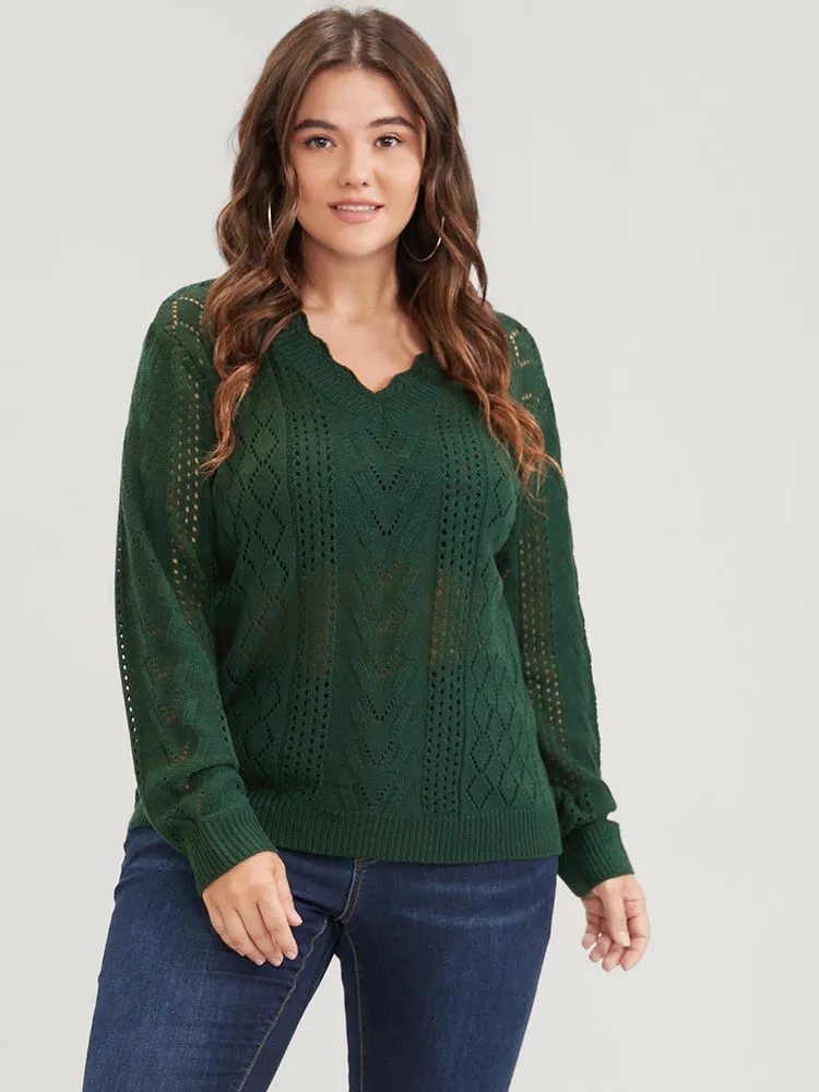 Solid Pointelle Knit Scalloped V Neck Crochet Knit Top sold by Bloomchic product image thumbnail 2