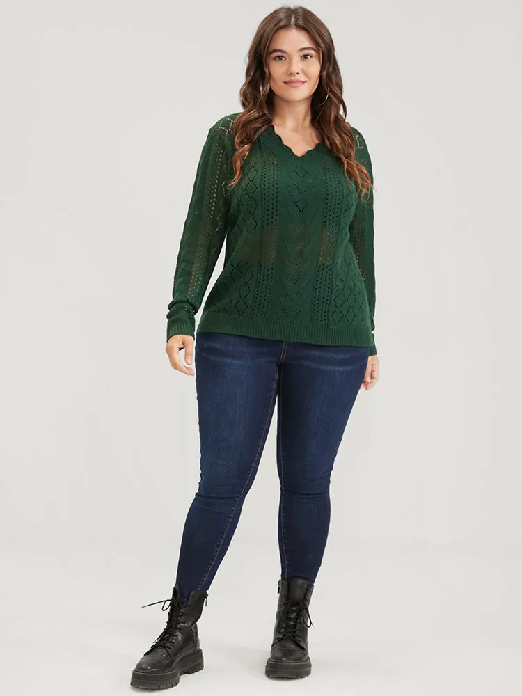 Solid Pointelle Knit Scalloped V Neck Crochet Knit Top sold by Bloomchic product image thumbnail 5