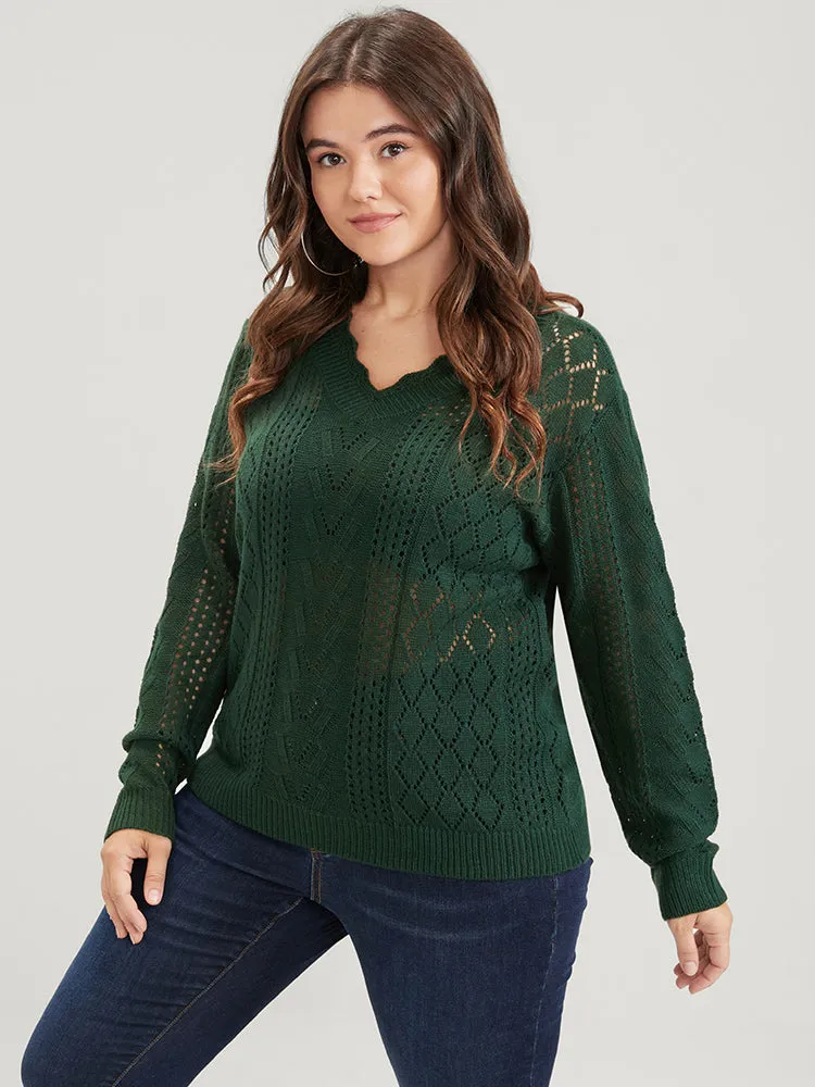 Solid Pointelle Knit Scalloped V Neck Crochet Knit Top sold by Bloomchic