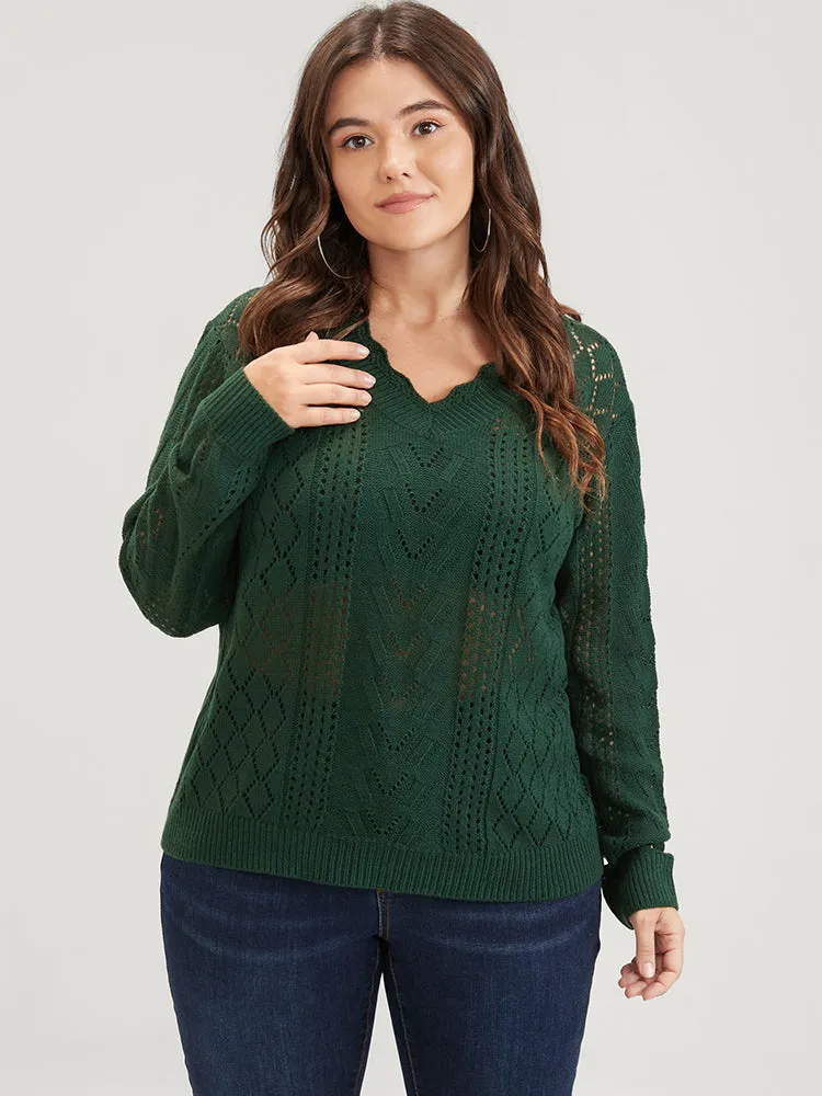 Solid Pointelle Knit Scalloped V Neck Crochet Knit Top sold by Bloomchic product image thumbnail 4