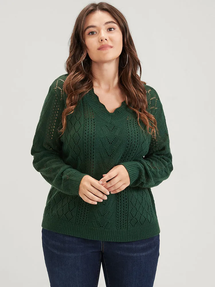 Solid Pointelle Knit Scalloped V Neck Crochet Knit Top sold by Bloomchic product image thumbnail 3