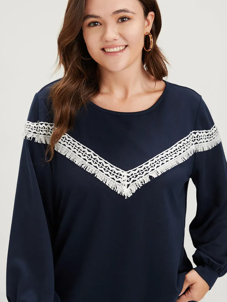 Plain Round Neck Contrast Lace Drop Shoulder Sweatshirt sold by Bloomchic product image thumbnail 5