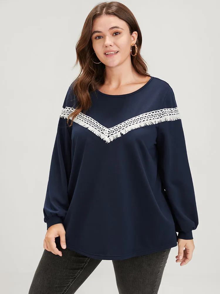 Plain Round Neck Contrast Lace Drop Shoulder Sweatshirt sold by Bloomchic
