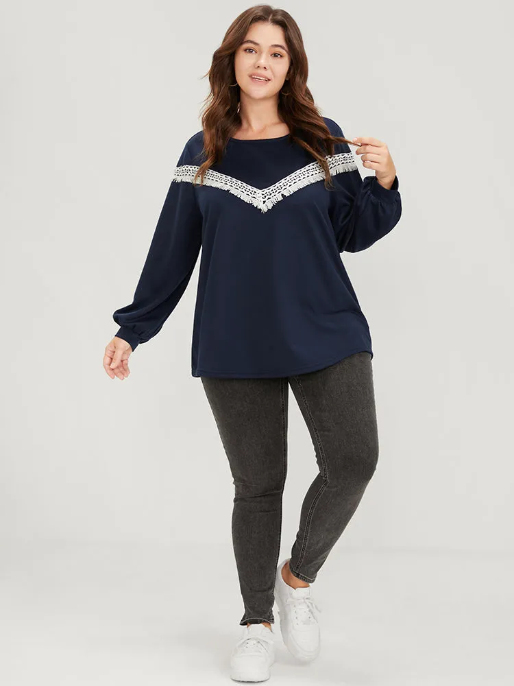 Plain Round Neck Contrast Lace Drop Shoulder Sweatshirt sold by Bloomchic product image thumbnail 2