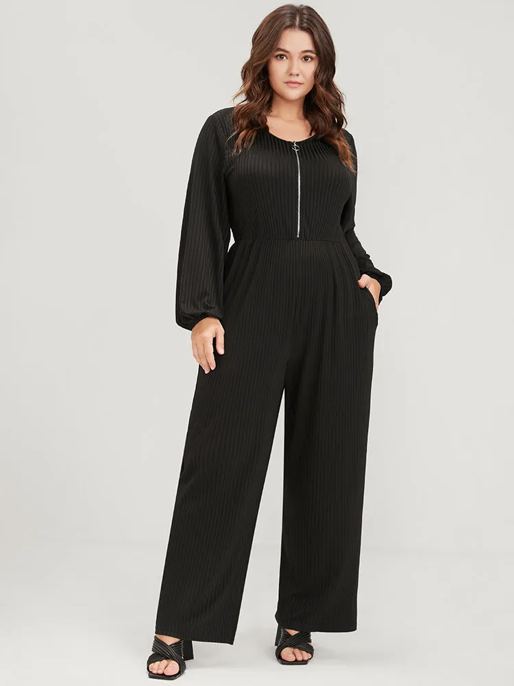 Plain Zipper Half Lantern Sleeve Pocket Rib Knit Jumpsuit sold by Bloomchic