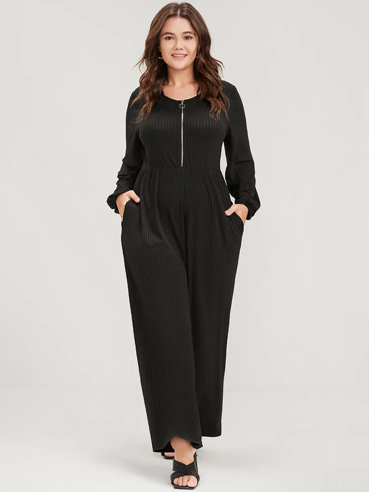 Plain Zipper Half Lantern Sleeve Pocket Rib Knit Jumpsuit sold by Bloomchic product image thumbnail 2