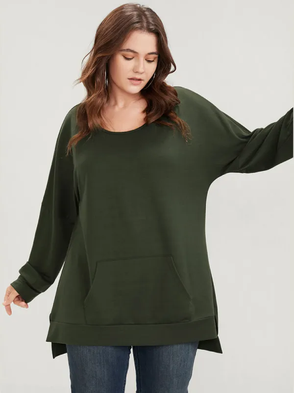 Solid Round Neck Asymmetrical Hem Pocket Drop Shoulder Sweatshirt sold by Bloomchic