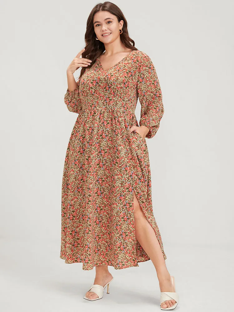 Ditsy Floral Lantern Sleeve Pocket V Neck Split Ruffles Dress sold by Bloomchic product image thumbnail 3