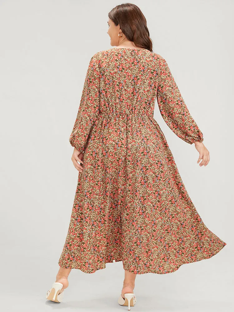 Ditsy Floral Lantern Sleeve Pocket V Neck Split Ruffles Dress sold by Bloomchic product image thumbnail 4
