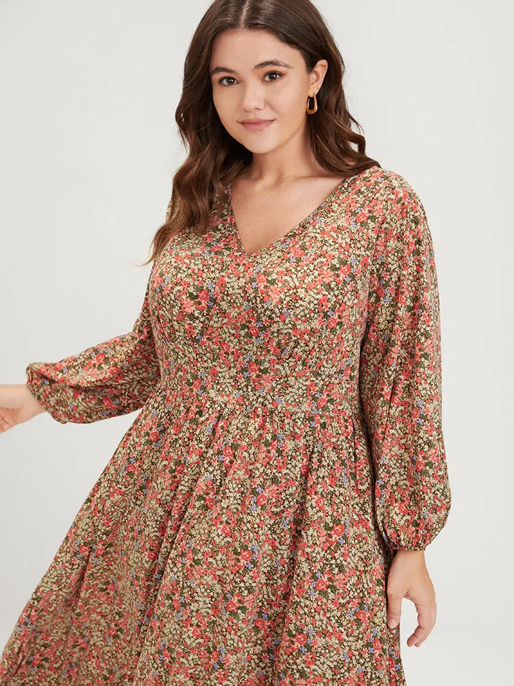 Ditsy Floral Lantern Sleeve Pocket V Neck Split Ruffles Dress sold by Bloomchic product image thumbnail 5