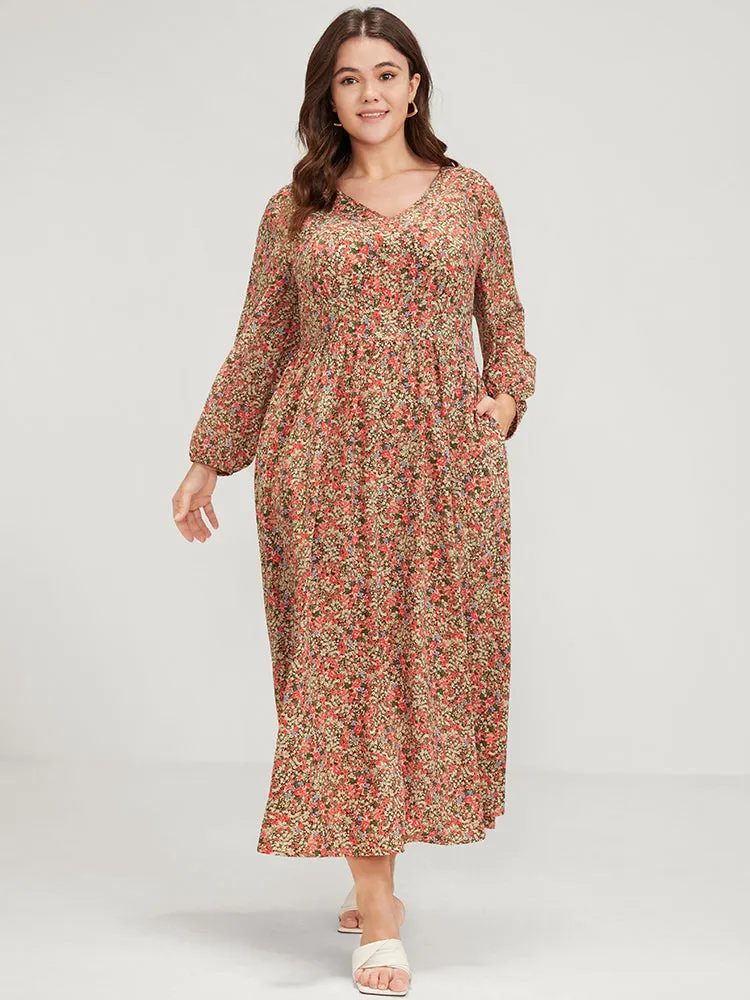 Ditsy Floral Lantern Sleeve Pocket V Neck Split Ruffles Dress sold by Bloomchic product image thumbnail 2