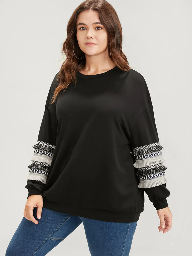 Plain Geometric Tape Fringe Trim Drop Shoulder Sweatshirt sold by Bloomchic product image thumbnail 4