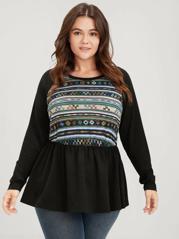 Striped Contrast Patchwork Flutter Hem Raglan Sleeve T-shirt sold by Bloomchic