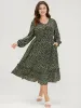 Ditsy Floral Pocket Puff Sleeve Fake Button Ruffles Hem Dress sold by Bloomchic