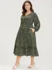 Ditsy Floral Pocket Puff Sleeve Fake Button Ruffles Hem Dress sold by Bloomchic