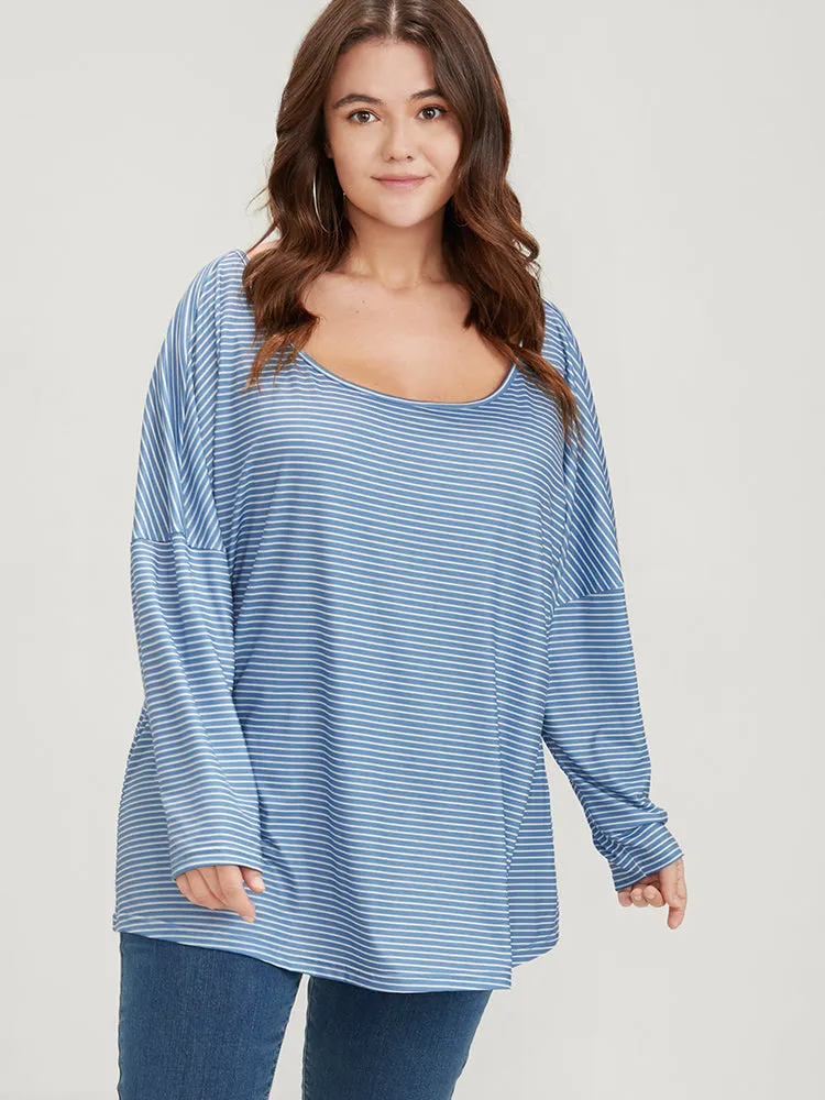 Striped Print Scoop Neck Long Tee sold by Bloomchic
