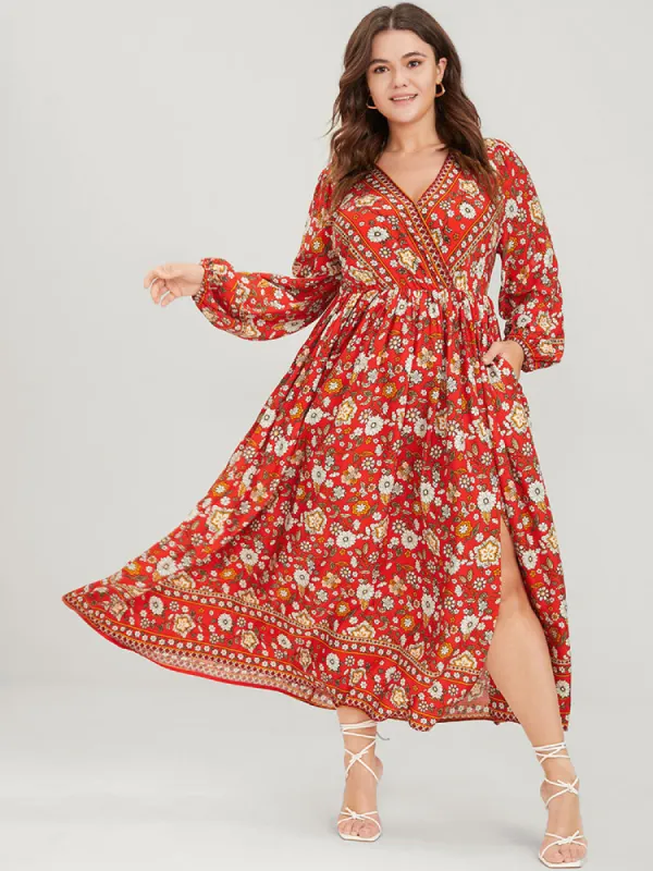 Floral Split Pocket Wrap Lantern Sleeve Ruffled Maxi Dress sold by Bloomchic