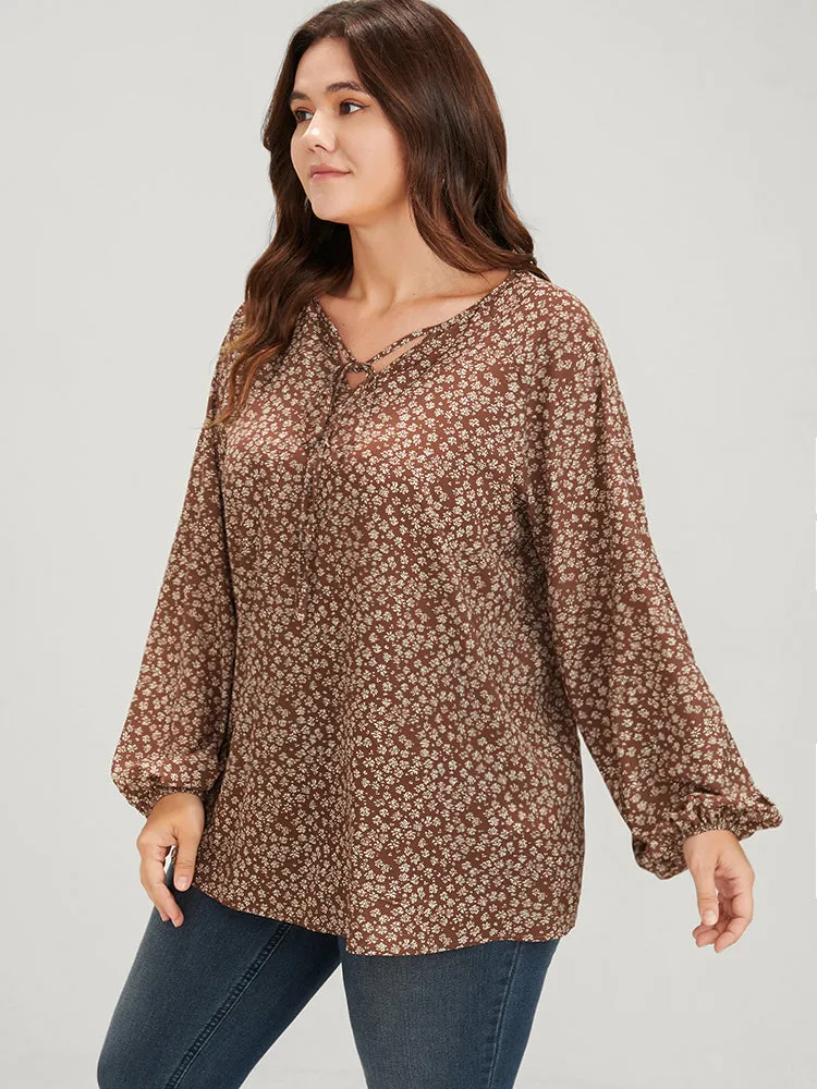 Ditsy Floral Lantern Sleeve Ties V Neck Blouse sold by Bloomchic product image thumbnail 4